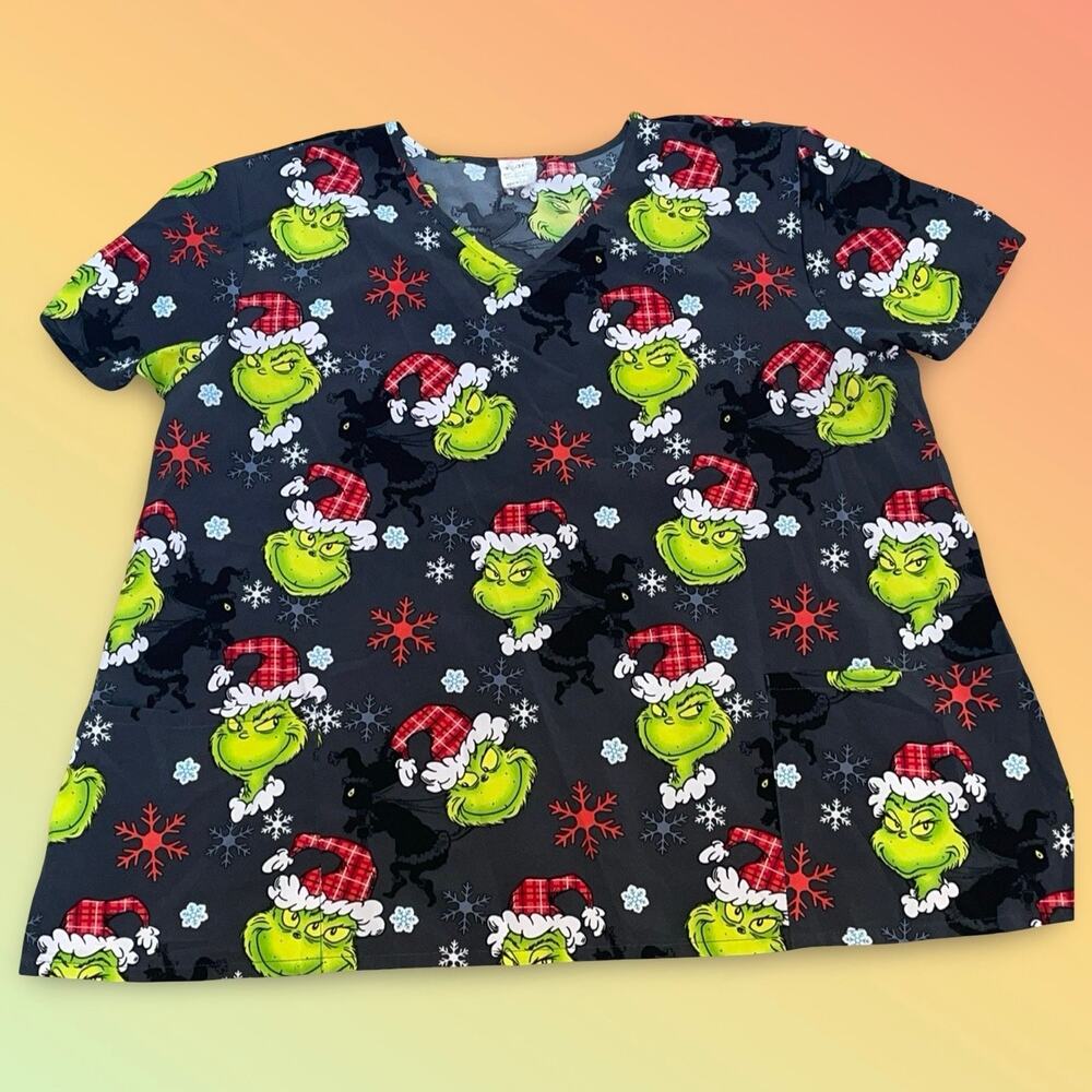 Dr Seuss Grinch Scrub Top 3XL Holiday Plaid Hat Red Snowflake Medical V-Neck